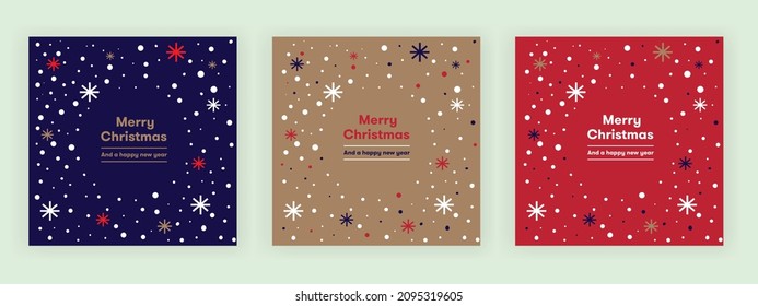 New Year Christmas Set of greeting cards, posters, holiday covers. Geometric Xmas design with stylized Christmas Tree made of geometric shapes and snowflakes. Happy new year.
