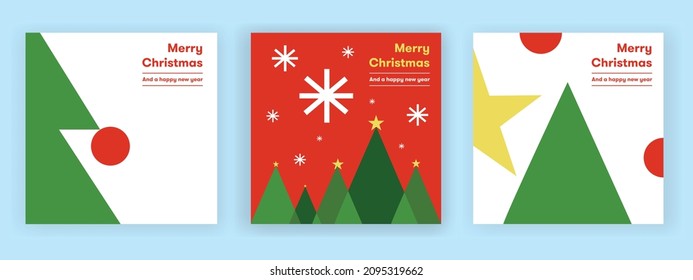 New Year Christmas Set of greeting cards, posters, holiday covers. Geometric Xmas design with stylized Christmas Tree made of geometric shapes and snowflakes. Happy new year.
