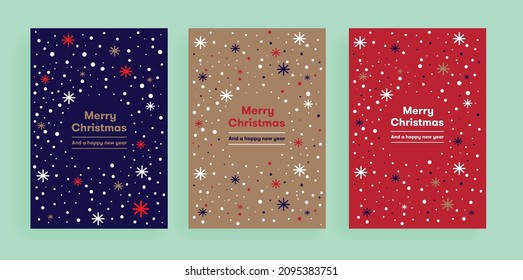 New Year Christmas Set of greeting cards, posters, holiday covers. Geometric Xmas design with stylized Christmas Tree made of geometric shapes and snowflakes. Happy new year.