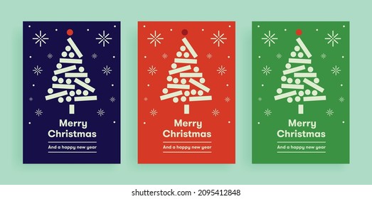 New Year Christmas Set of greeting cards, posters, holiday covers. Geometric Xmas design with stylized Christmas Tree made of geometric shapes and snowflakes. Happy new year.