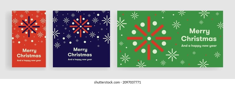 New Year Christmas Set of greeting cards, posters, holiday covers. Geometric Xmas design with stylized Christmas geometric shapes and snowflakes. Happy new year.