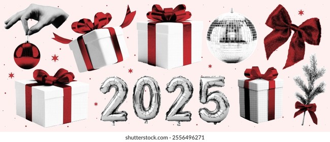 New Year and Christmas. Set of halftone elements for collage. 2025 balloons number, gift boxes, disco ball, bow, fir branch. Vintage vector.