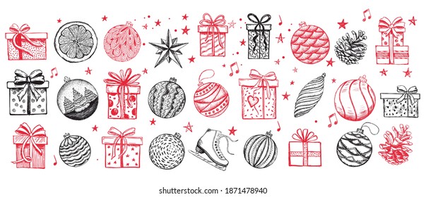 New Year and Christmas set. Hand drawn illustration, vector.