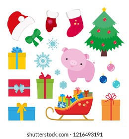 New year Christmas set of holiday festive objects, fir tree decorated with ornaments, gift boxes, ribbon bow, winter mitten, sock for candy, symbol of year 2019 cute pig, Santa`s sleigh, flat style.