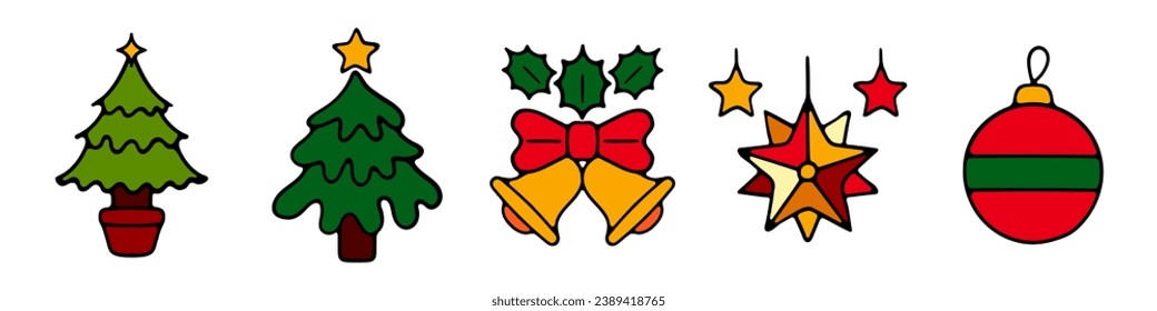New Year, Christmas set icon. Christmas tree decoration concept. Star, garland, toy, gift, Santa, winter, rain, light bulbs, pine tree.