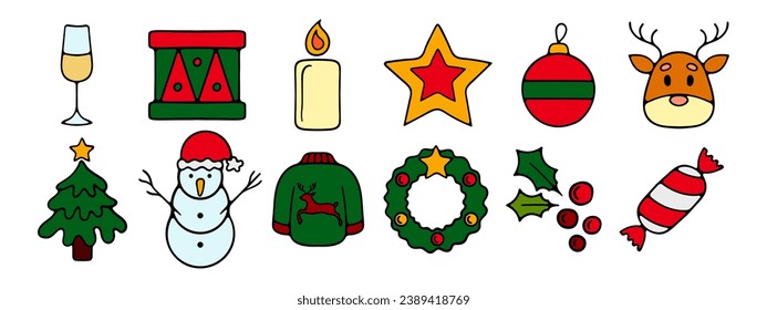 New Year, Christmas set icon. A glass of wine, a drum, a candle, a star, a garland, a reindeer, a Christmas tree, a snowman, a sweater, wine, mistletoe, sweets.