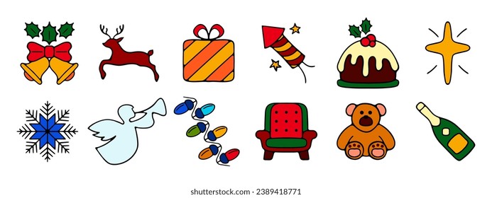New Year, Christmas set icon. Decorations, reindeer, gift, fireworks, cake, star of Bethlehem, snow, angel, garland, chair, Teddy bear, wine.