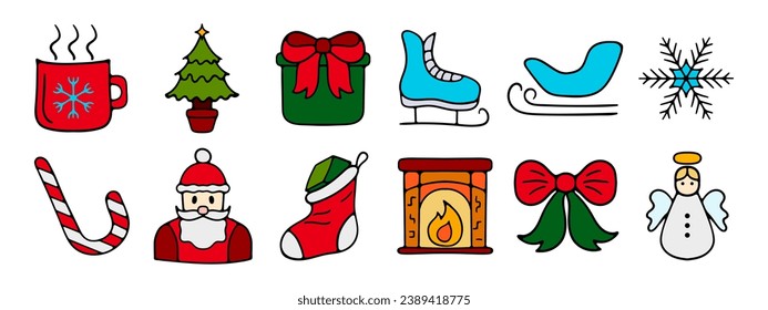 New Year, Christmas set icon. Mug, Christmas tree, gift, skates, snowflake, snow, lollipop, Santa, fireplace, gift sock, angel, decorations.