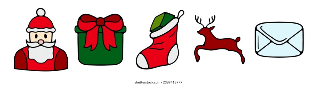 New Year, Christmas set icon. Gift from Santa concept. Santa Claus, Santa Claus, gift, sock, reindeer, letter of wish, children, fairy tale, celebration.