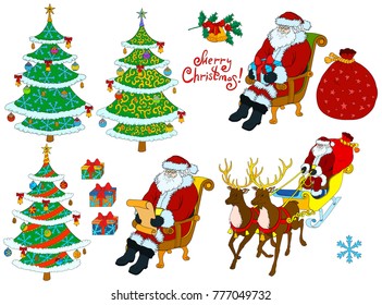 New Year or Christmas set isolated on white. Santa Claus ride in sleigh on deer. Hand drawn Christmas trees and lettering. Santa reads a wishlist. 