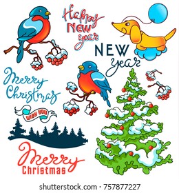 New year and christmas set on white background. Isolated vector elements. Consist of christmas tree, handwritten headline, greeting quote, bullfinch on rowan branch, yellow dog.