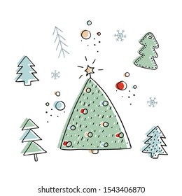 New Year and Christmas set with simple minimalist xmas trees in doodle style. Isolated on white background. Winter elements for cards, stickers design. Hand drawn vector illustration in pastel colors.