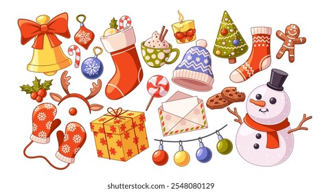 Ano Novo e Natal conjunto de coisas como comida, bebidas, decoração e acessórios tradicionais conjunto