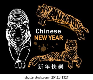 New Year and christmas set with tigers and chinese new year lettering in chinese. Symbol of the year. Hand drawn sketch illustration