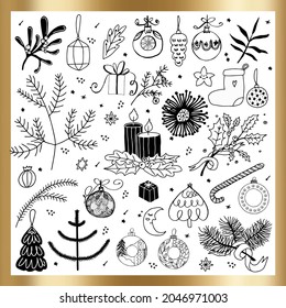 año nuevo y conjunto navideño de doodle vectorial elementos aislados.