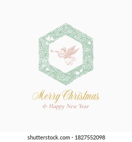 New Year and Christmas Sketch Hexagon Pine Wreath, Sign, Logo, Banner or Card Template with Hand Drawn Angel. Abstract Greetings Vector Illustration. Winter Holiday Illustration. Isolated.