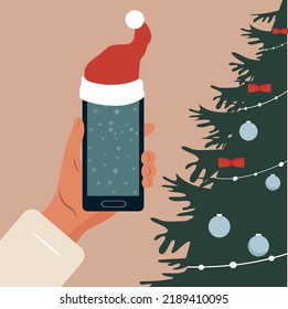 New Year or Christmas. Smartphone or tablet, space for text. Christmas decorations . Vector illustration.