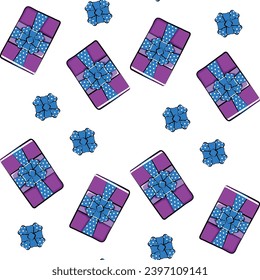 New Year, Christmas, snowflake pattern with gifts, lollipops, snowflakes in cartoon style.