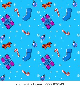 New Year, Christmas, snowflake pattern with gifts, lollipops, snowflakes in cartoon style.