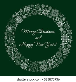 New year christmas snowflakes round border on green background