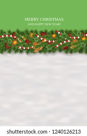 New Year and Christmas snowy background decorated garland and border of realistic looking Christmas tree branches decorated with Berries, stars and Gingerbread cookies, beads. Vector illustration.