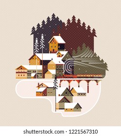 New year and Christmas snowy winter landscape with coniferous forest, pines, cottages and train. Flat vector illustration for poster, banner, card, postcard, event icon logo or badge.