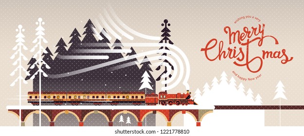 New year and Christmas snowy winter landscape with coniferous forest, pines, train and hand drawn Merry Christmas typography . Celebration quotation for poster, card, postcard, event icon logo 