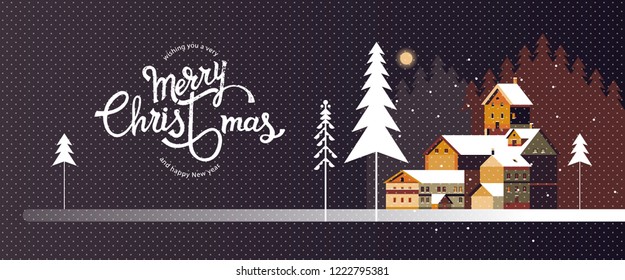 New year and Christmas snowy winter landscape with coniferous forest, pines, cottages and hand drawn Merry Christmas typography . Celebration quotation for poster, card, postcard, event icon logo or