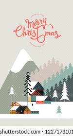 New year and Christmas snowy winter landscape with coniferous forest, pines, cottages and hand drawn Merry Christmas typography . Celebration quotation for poster, card, postcard, event icon logo or