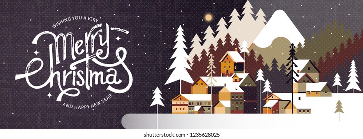 New year, Christmas snowy winter landscape with coniferous forest, pines, mountains, cottages and hand drawn  typography . Celebration quotation for poster, card, postcard, event icon logo or badge.