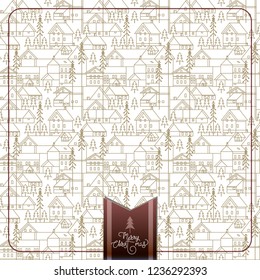 New year and Christmas snowy winter pattern with coniferous forest, pines, cottages and hand drawn Merry Christmas typography . Celebration design and quotation for web, poster, card, postcard, event