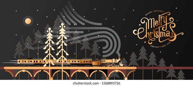 New year and Christmas snowy winter landscape with coniferous forest, pines, train and hand drawn Merry Christmas typography . Celebration quotation for poster, card, postcard, event icon logo