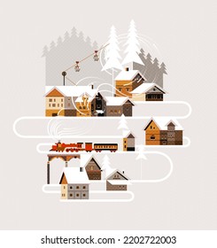 New year and Christmas snowy winter landscape with coniferous forest, pines, cottages, train and cable car. Flat vector illustration for poster, banner, card, postcard, event icon logo or badge.