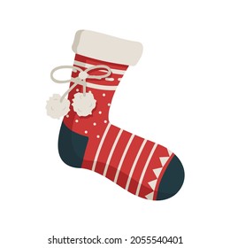 New Year and Christmas sock with patterns. Festive decorative element for design on winter holiday
