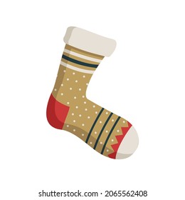 New Year and Christmas sock with patterns. Festive decorative element for design on winter holiday