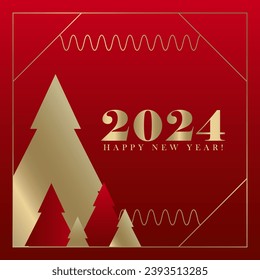 New Year and Christmas square winter red card, poster, banner with golden fir trees and text 2024