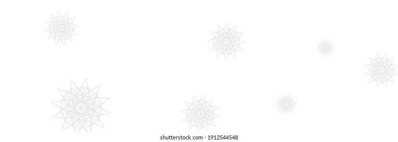 New Year Christmas Stars Santa Snow Pattern. Ornamental Print Ice Horizontal White Sky Background. Silver Frost Snowflakes Chaotic Mandala Background. Winter Grey Monochrome Holiday Composition.