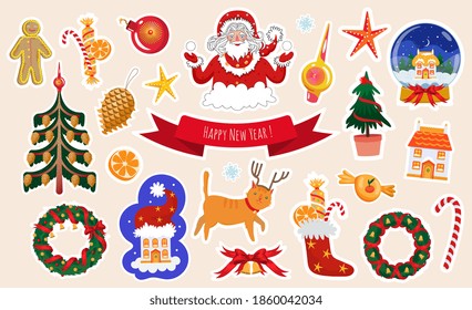 New Year and Christmas Sticker Vector illustration set for kids in cute cartoon style. Collection with Santa, Snow Ball, Christmas tree, Bauble, Gingerbread man, Golden Bells, Candy Sock, Cat deer 