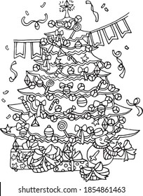 New Year, Christmas stock illustration with a tree, toys, 
present, snowman.  Vector illustration for art therapy, coloring, for greeting cards, posters, stickers, design,wallpaper, tatoo.