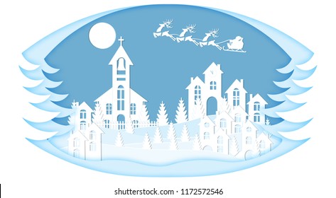 New Year. Christmas. Stylized framework. An image of Santa Claus and deer landscape. cut from white paper. Vector illustration