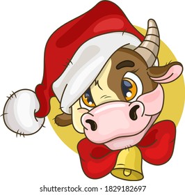 New Year and Christmas symbol of 2021 with the image of a bull with a red hat