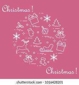 New Year and Christmas symbols arranged in a circle. Winter elements. Design for postcard, banner and print.