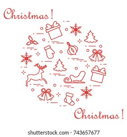 New Year and Christmas symbols arranged in a circle. Winter elements. Design for postcard, banner and print.