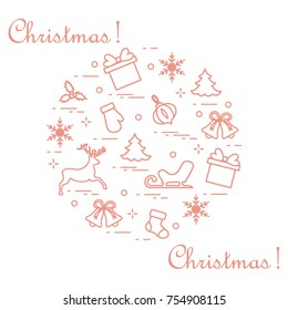 New Year and Christmas symbols arranged in a circle. Winter elements. Design for postcard, banner and print.