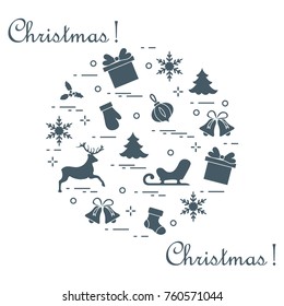 New Year and Christmas symbols arranged in a circle. Winter elements. Design for postcard, banner and print.