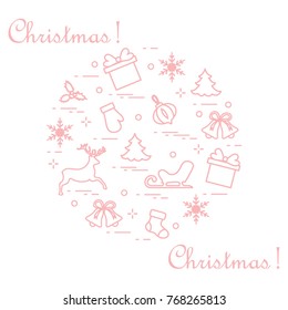 New Year and Christmas symbols arranged in a circle. Winter elements. Design for postcard, banner and print.