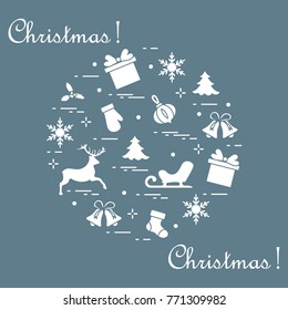 New Year and Christmas symbols arranged in a circle. Winter elements. Design for postcard, banner and print.