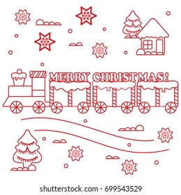New year and Christmas symbols: train, wagons, gingerbread, Ñ�hristmas tree, snowflakes, house. Design for banner, poster or print.