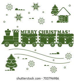 New year and Christmas symbols: train, wagons, gingerbread, Ñ�hristmas tree, snowflakes, house. Design for banner, poster or print.