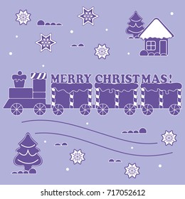New year and Christmas symbols: train, wagons, gingerbread, Christmas tree, snowflakes, house. Design for banner, poster or print.